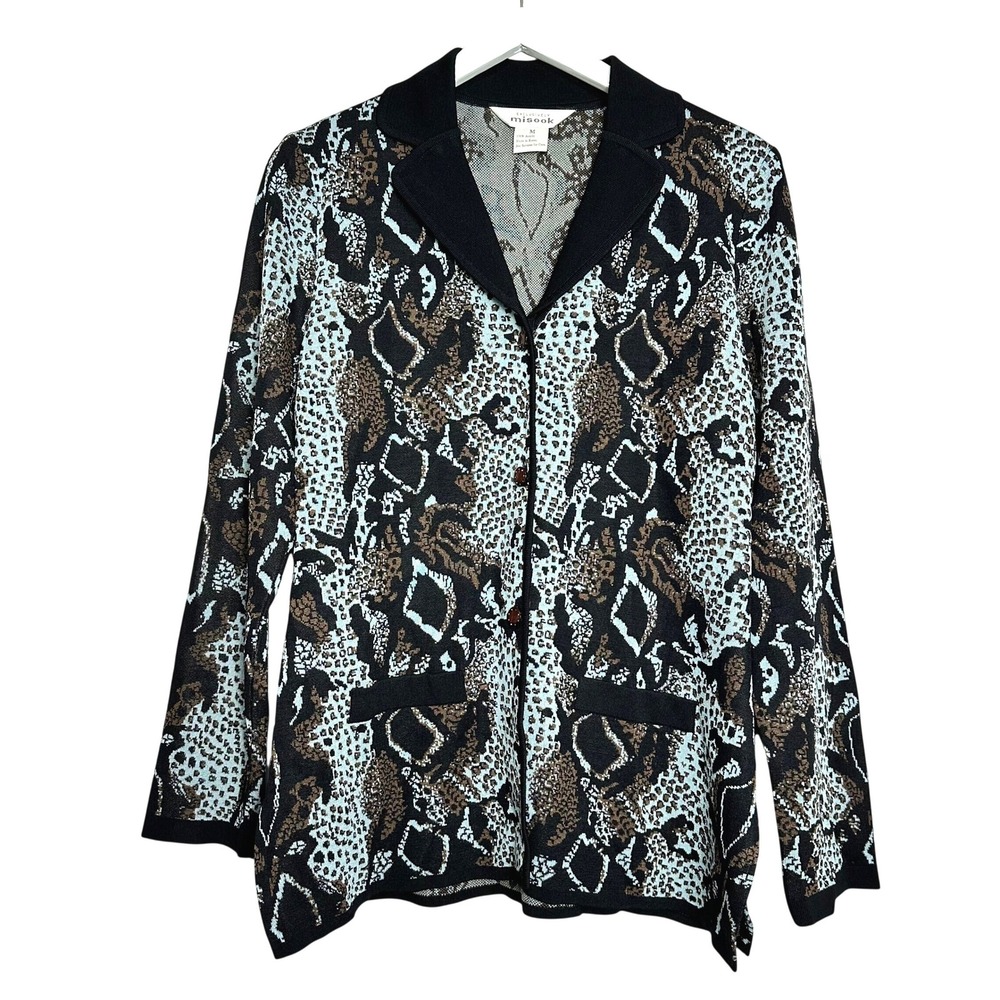 Exclusively Misook Womens Blue Brown Cheetah Snake Print Jacket Cardigan M